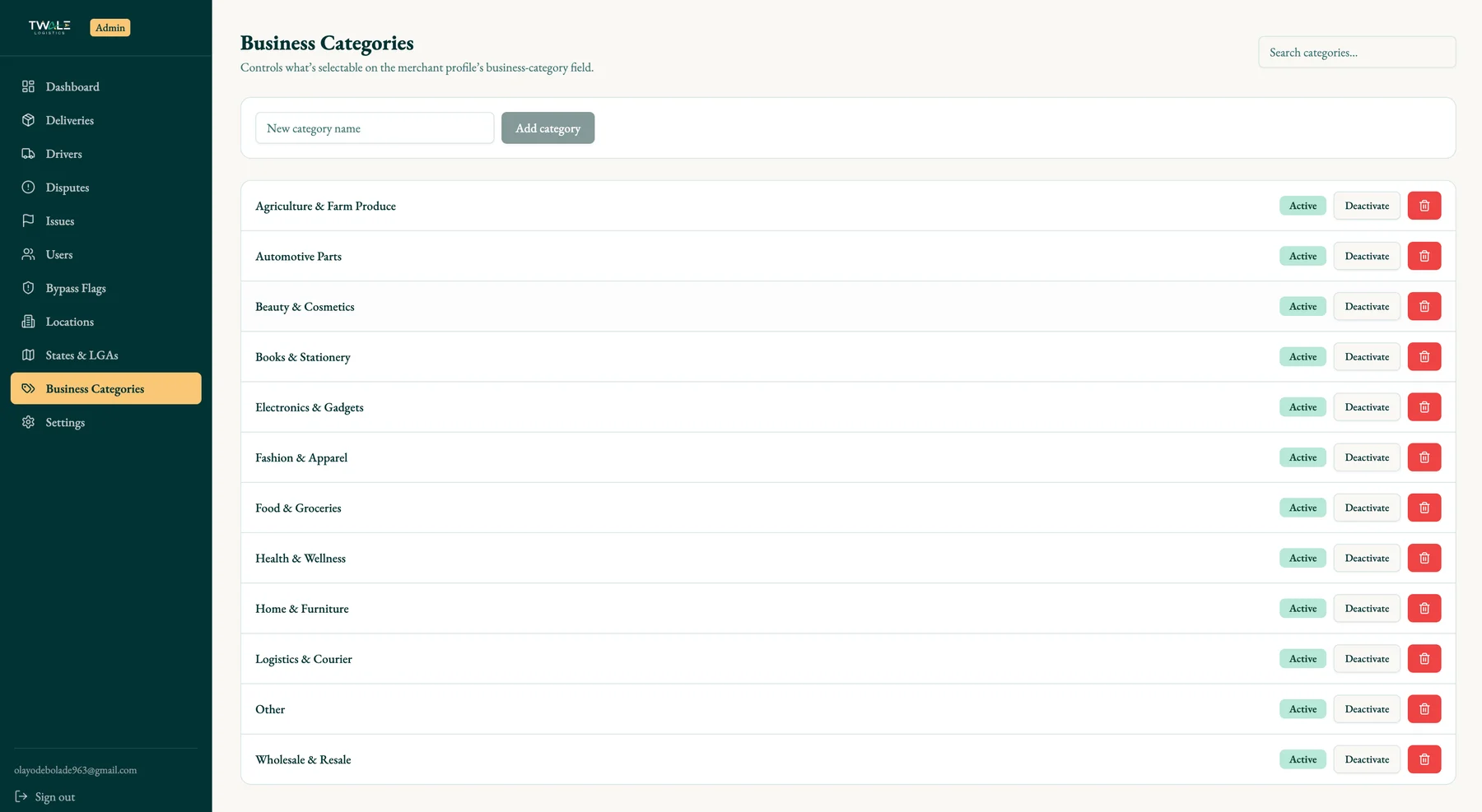 Twale administrator business category configuration.