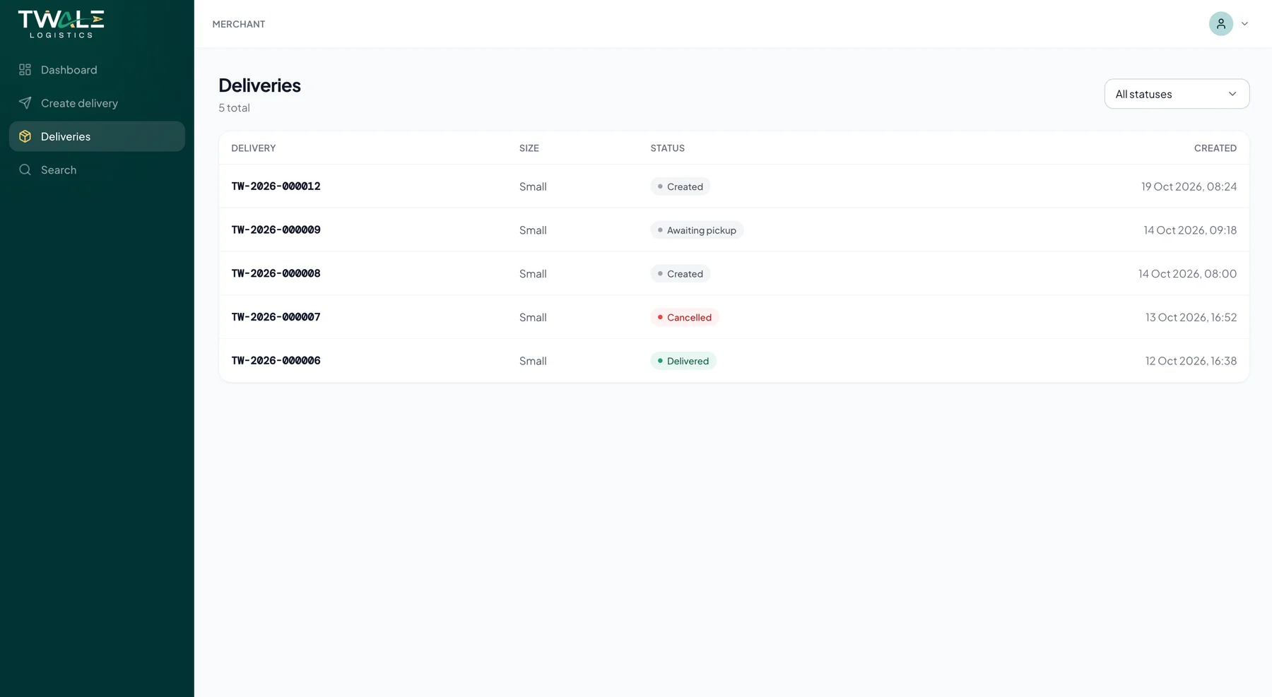 Twale merchant deliveries list with size, status, and creation columns.