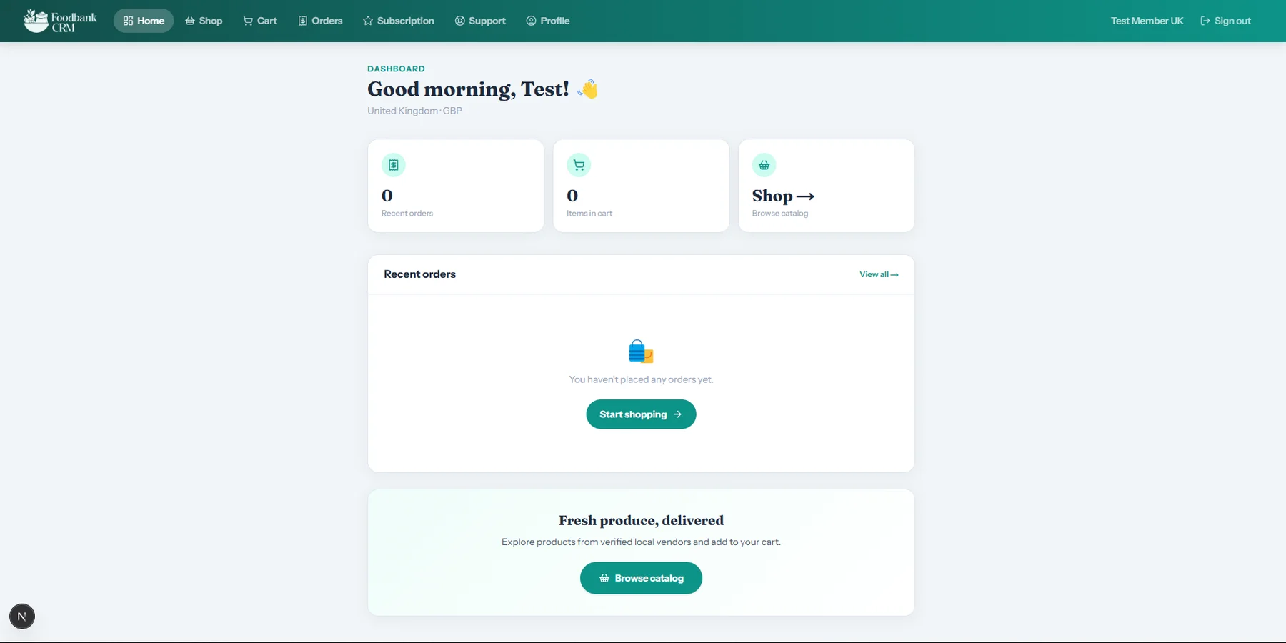 FoodBank CRM member dashboard with catalogue access and order summaries.