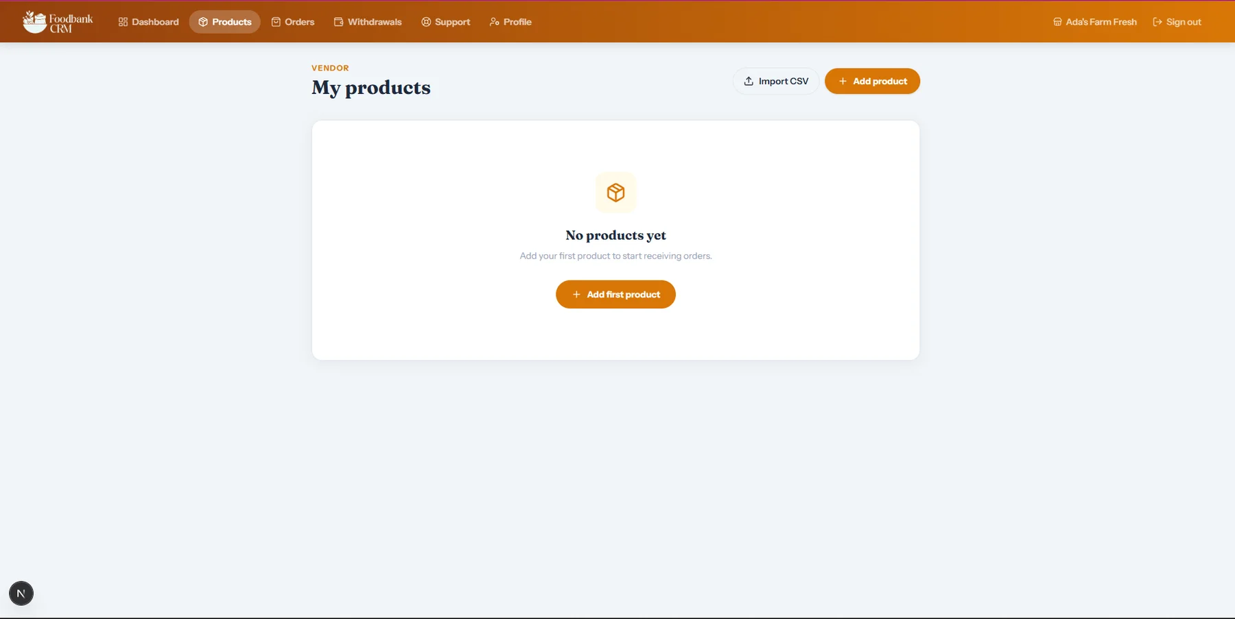 FoodBank CRM vendor product management screen with an add product action.