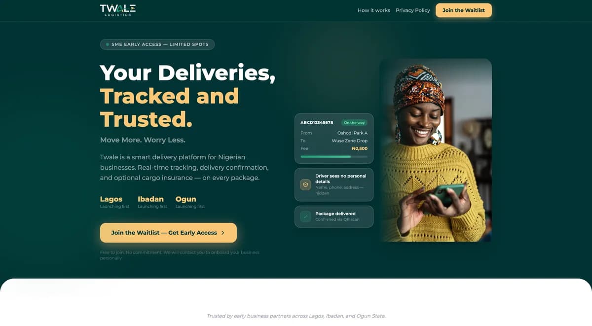 Twale logistics website landing page.
