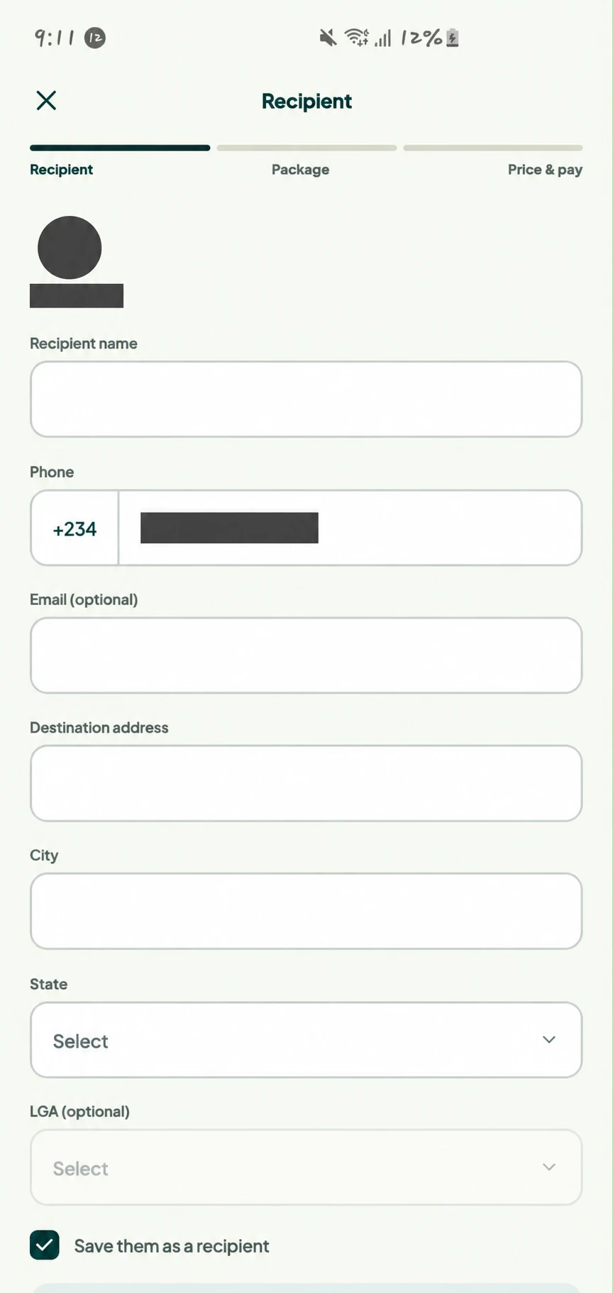 Twale user app recipient form in the create-delivery flow.