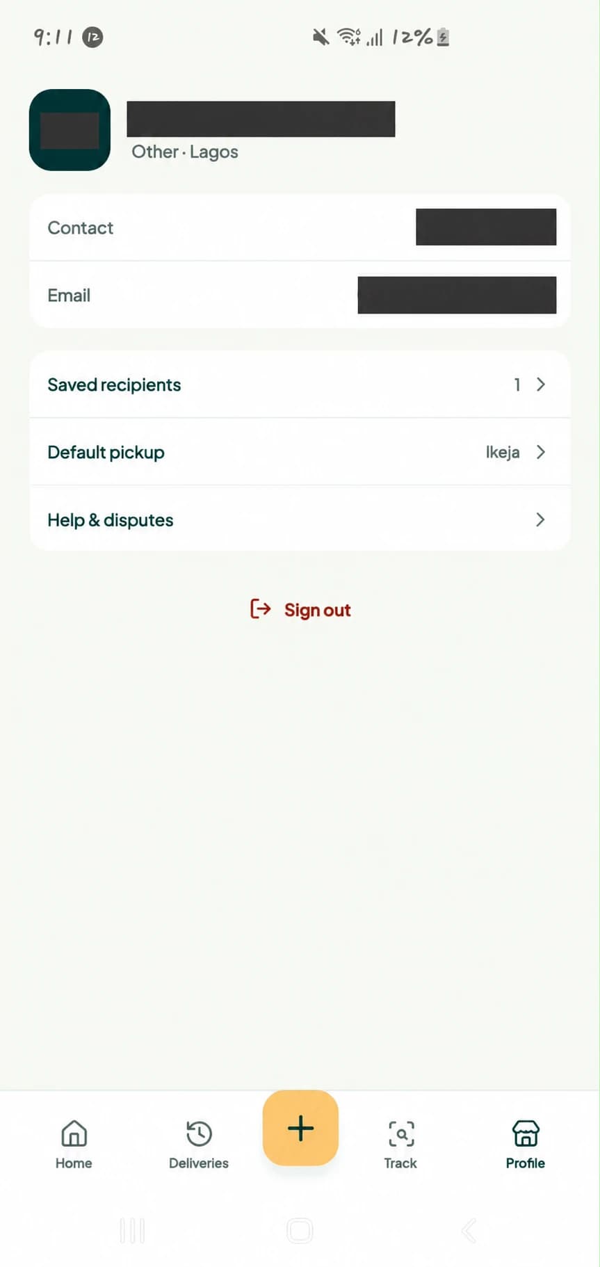 Twale user app business profile with saved recipients and pickup settings.